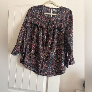LC Lauren Conrad Black Floral Button-Front Ruffle Blouse